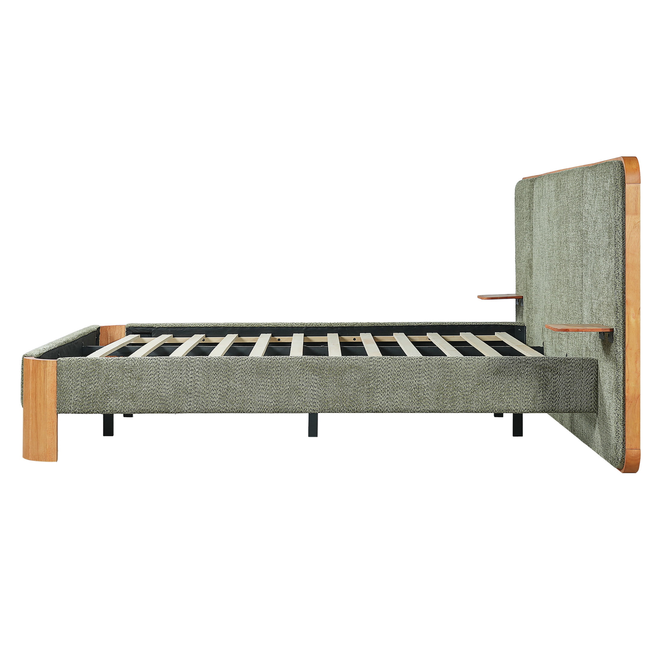 Christopher Knight Home King Upholstered Platform Bed Frame with Floating Shelves, Green and Natural