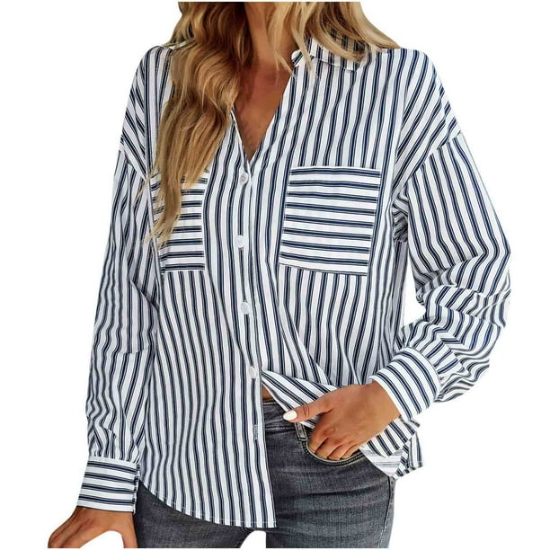 Camisa suelta con cuello en V y temperamento a rayas de un solo pecho para mujer Pompotops FGAJ16348
