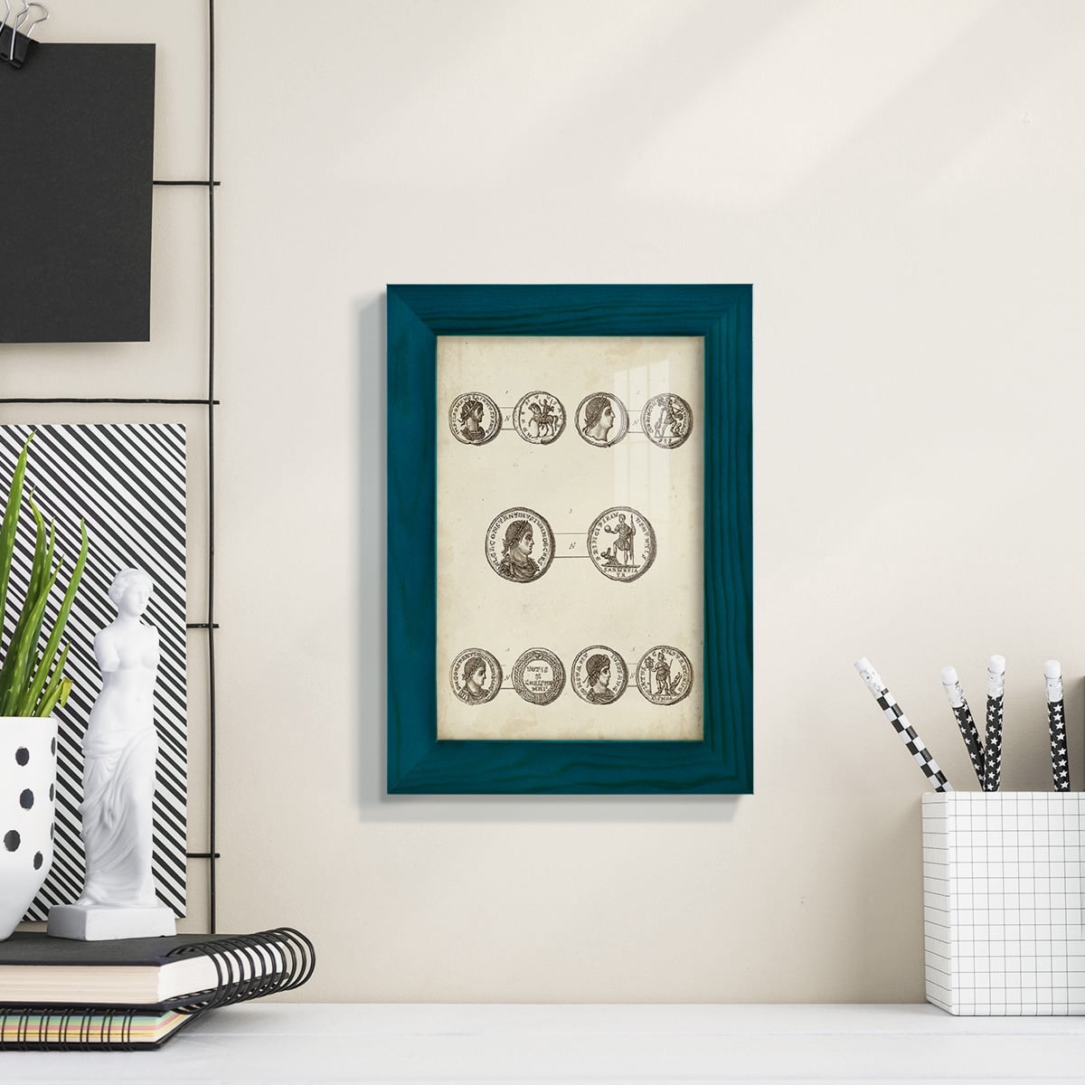 Antique Roman Coins V -Framed Print w/glass-Ocean Blue