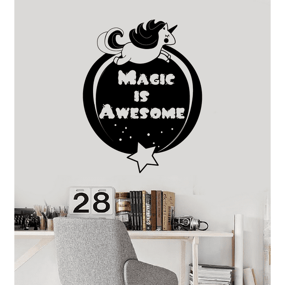 Magic Is Awesome Quote Unicorn Magical Unicorns Wall Sticker Art Decal for Girls Boys Kids Room Bedroom Nursery Kindergarten House Fun Home Decor Stickers Wall Art Vinyl Decoration Size (28x30 inch)