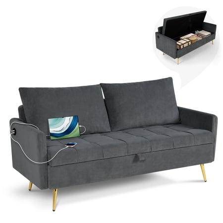 Coewske 60'' W Velvet Loveseat Sofa Couch w/ Storage Space & 2 USB Charging Ports Dark Gray