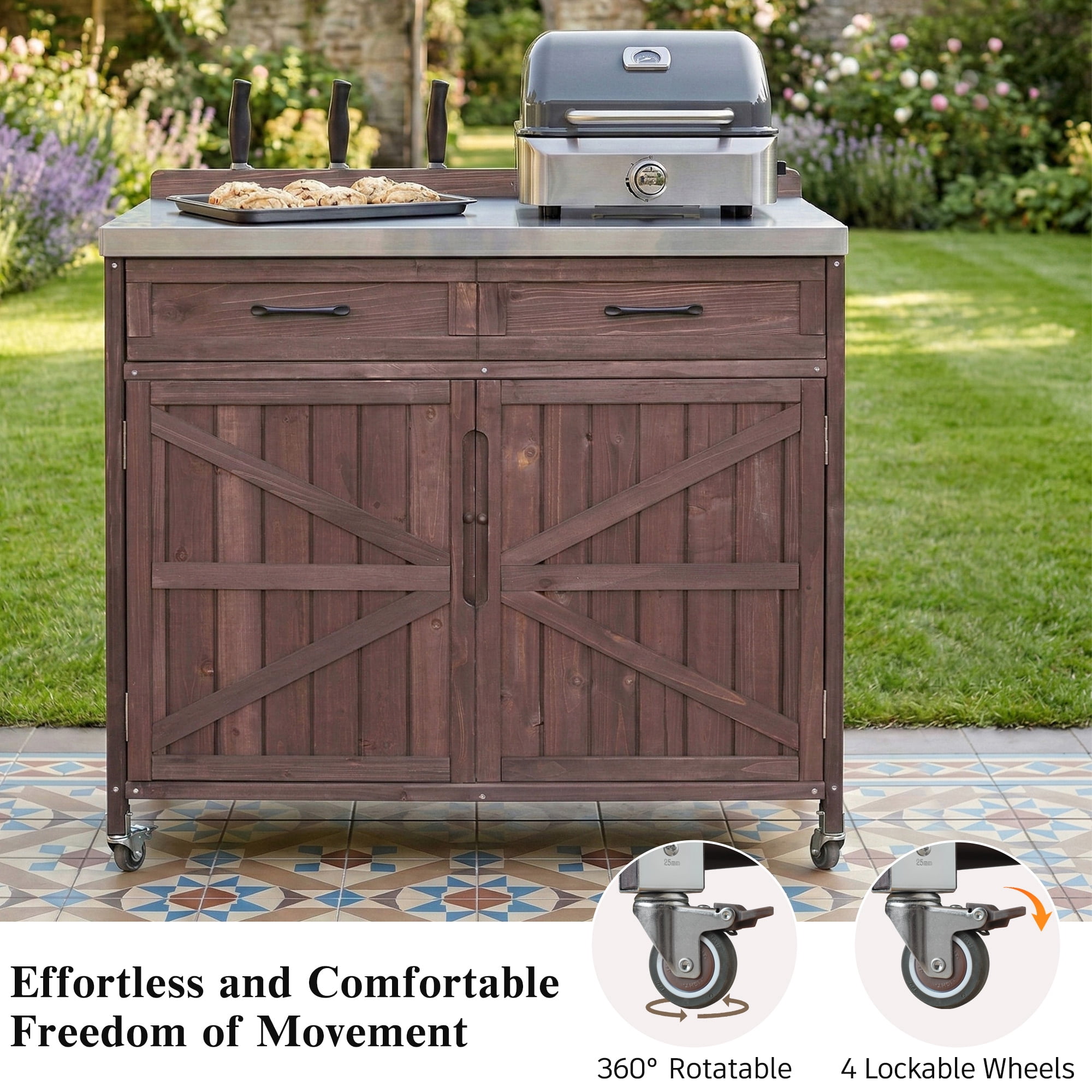 Mintazer 39.4" Outdoor Kitchen Island with Stainless Table Top & Storage Racks, Storage Kitchen Cabinet with Drawer & Adjustable Shelves, Brown