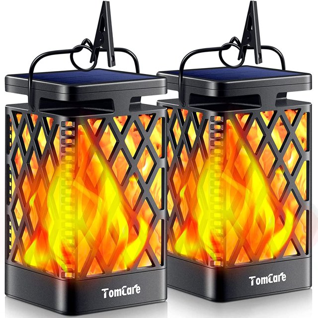 Farol Solar TomCare para Exteriores Impermeable con Efecto Llama Parpadeante, Paquete de 2