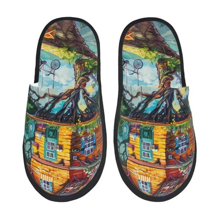 Balery Whimsical Treehouse Painting Slient Indoor Furry Fleece Comfort House Shoes Soft Non-Slip Home Shoes Cotton slippers House Slippers-- Medium