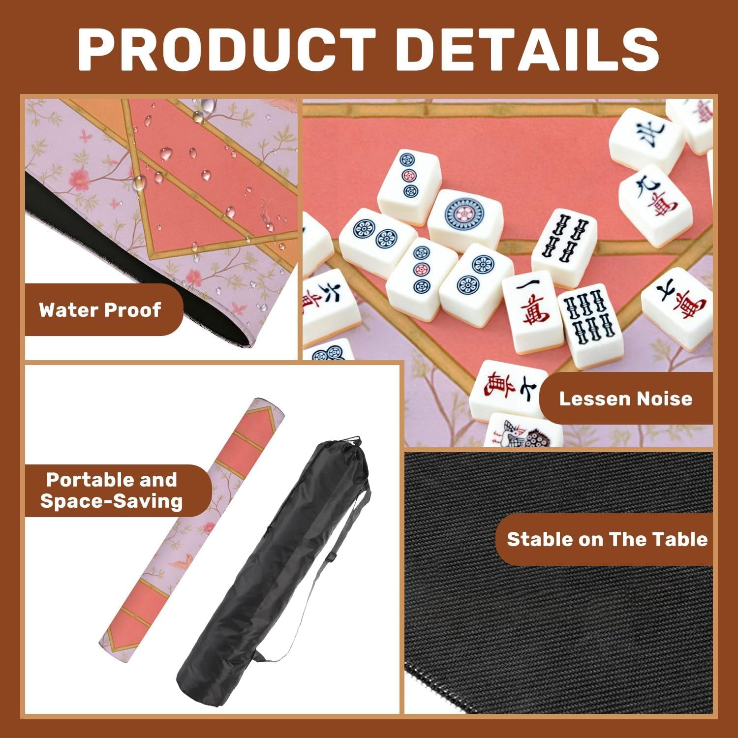 Mahjong Mat 31.5" x 31.5" Pastel Floral Birds Geometric Frame Pink Orange Tones Non-Slip Noise Reduction Mahjong Tiles Table Cover for Dominoes Poker Card Board and Tile Games