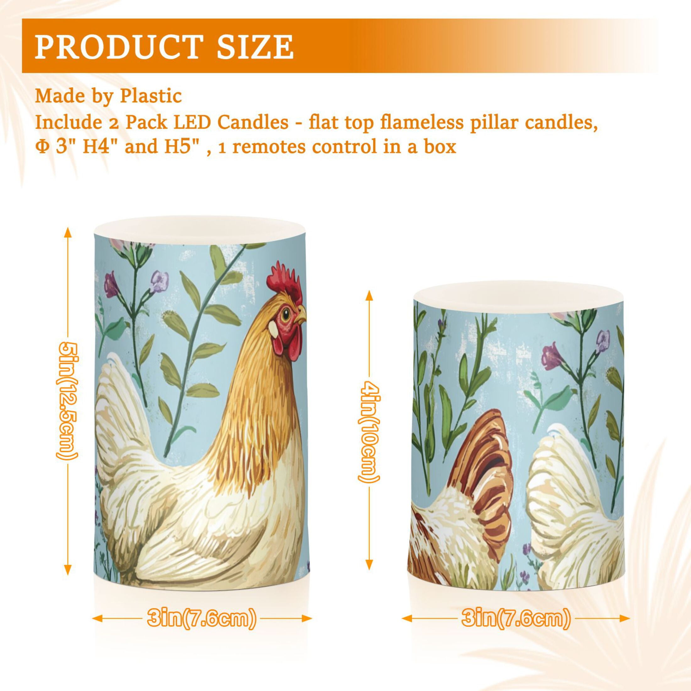 Two Chickens on Meadow Florals Flickering Flameless Candles LED Tealight Battery Operated with Remote Set of 2 Holiday Decor Ornaments