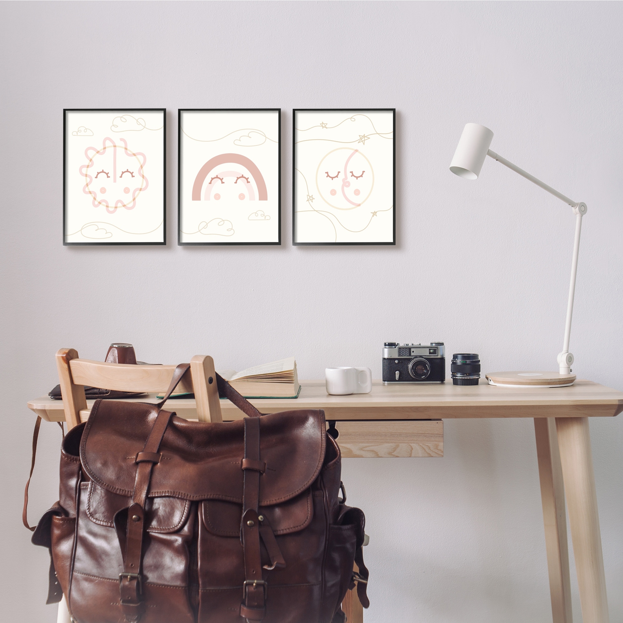 Stupell Industries Cute Celestial Doodle Sun Moon Stars Smile Happy Face Graphic Art White Framed Art Print Wall Art Set of 3, 16x20, by Daphne Polselli