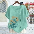 thumbnail image 5 of Xdegoge Linen Shirts for Women Floral Embroidery Loose Blouse Short Sleeve Button Front Crew Neck Summer Fashion Tops, 5 of 5