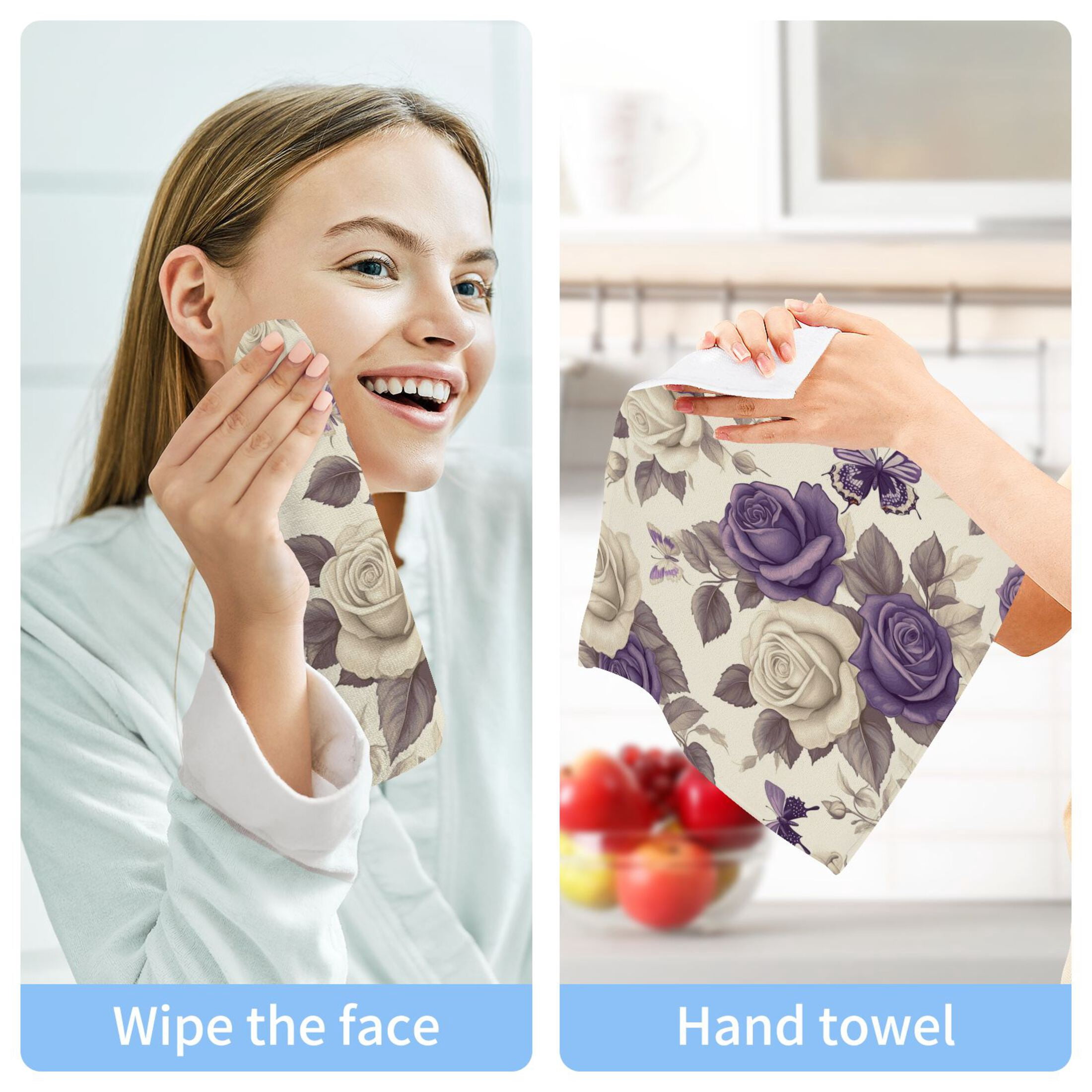 Purple White Flowers Pattern 100% Cotton Face Towel 12x12in Soft Absorbent Washcloth Durable Printed Hand Towels for Bathroom Travel 6 Pcs