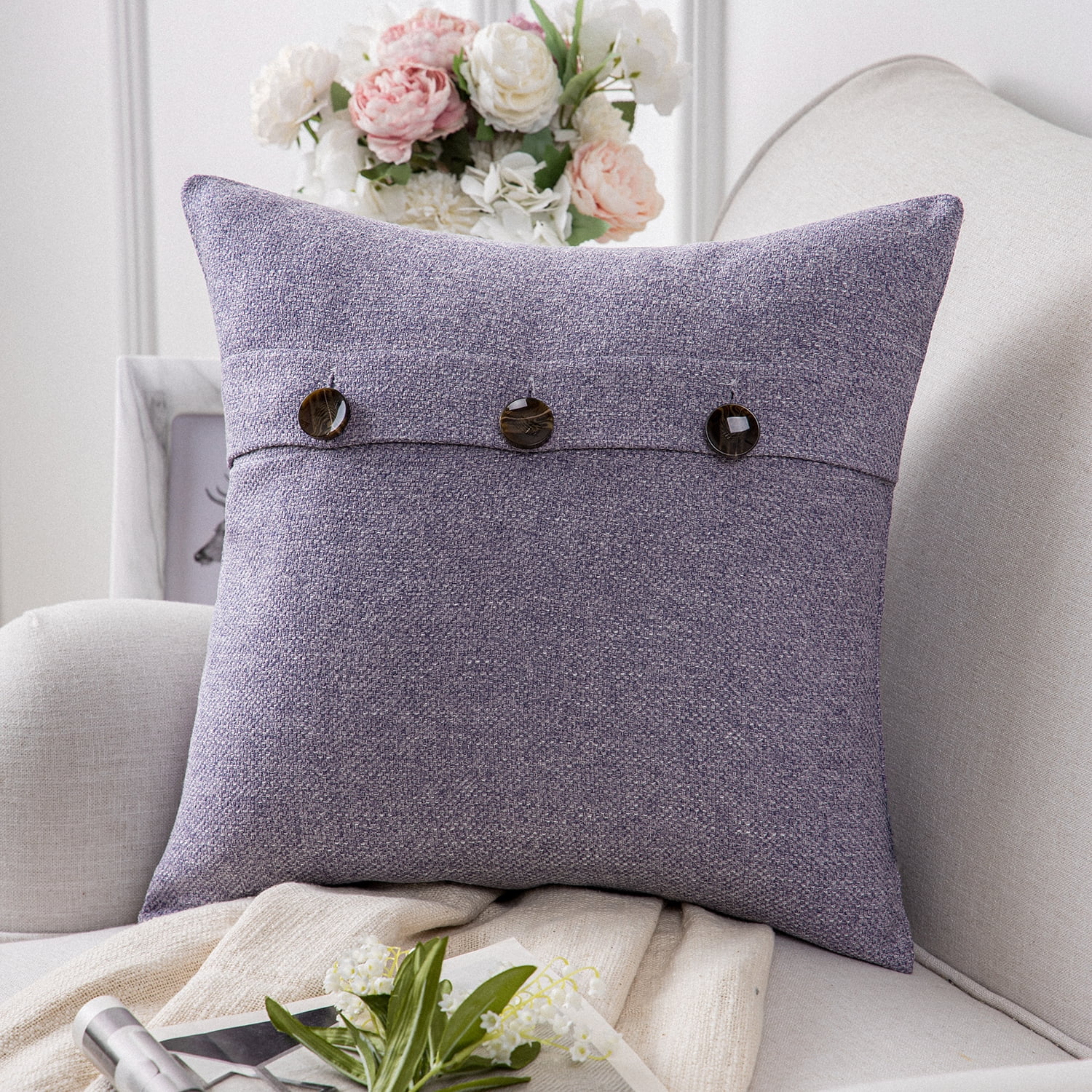 Phantoscope Farmhouse Series Cotton Blend Decorative Throw Pillow with Triple Button, 20" x 20