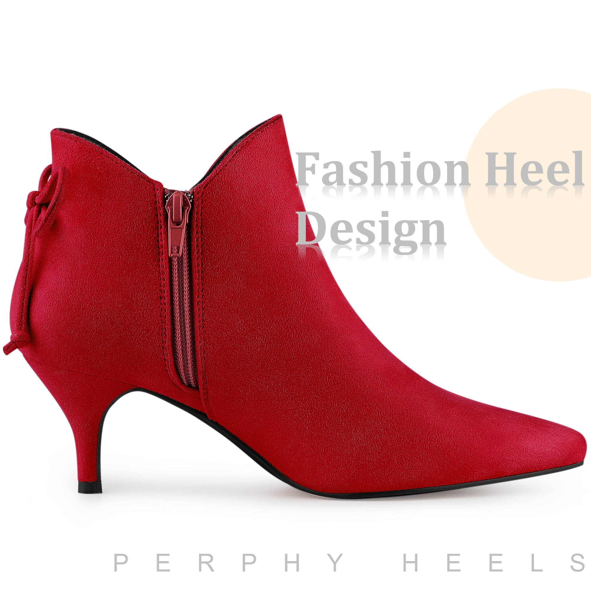 DARING DIVA Women's Pointed Toe Bow Cutout Kitten Heel Ankle Boots Red 6