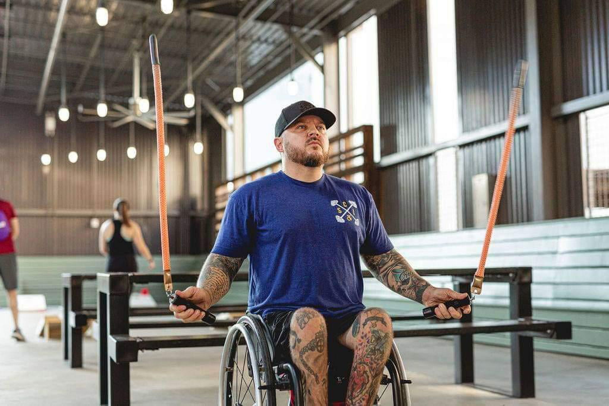 Mute Sports Equipment Split Ropes® Seated Adaptive Jump Rope BULL 8 oz. per side and BUFFALO 1 pound per side for wheelchair users and fitness.