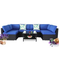 OTM Patio Furniture Rattan Sofa 7pcs Black Wicker Royal Blue Cushion Sectional Outdoor Couch Set Conversation Set Garden Furniture Sofa Pool Furniture Daybed
