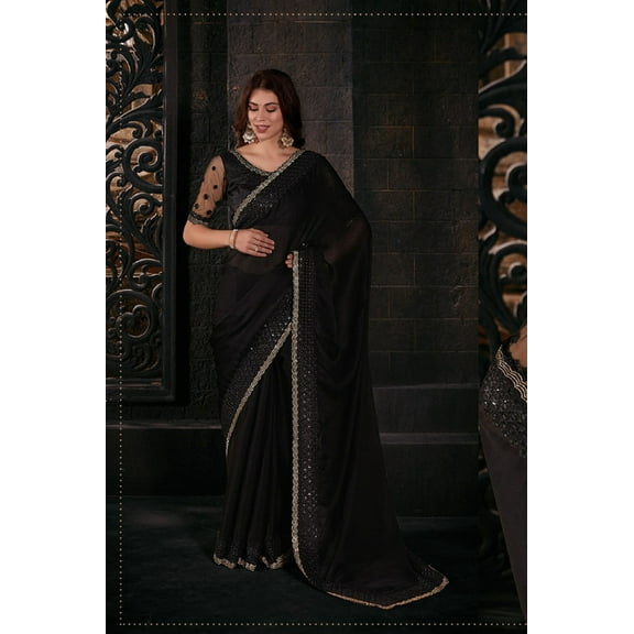 Designer Black Resham Sequins Embroidery Silk Saree