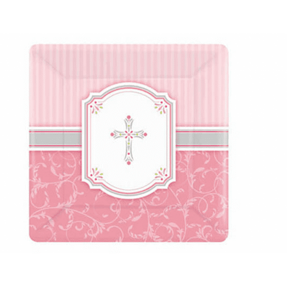 Blessing Pink Christening/Communion 10” Square Plates 8Ct
