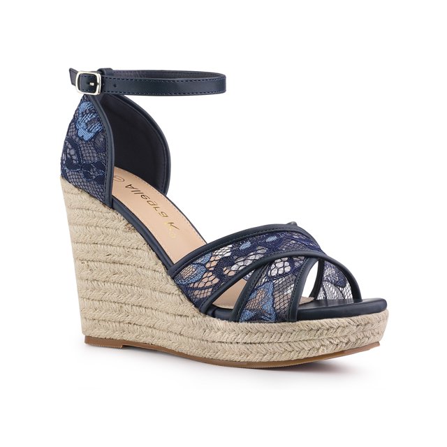 BLISSFUL STEP Sandales Compensées Espadrilles pour Femmes à Talon Compensé Bleu Foncé 7