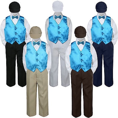 

5pc Boy Suit Set Turquoise Vest Bow Tie Baby Toddler Kid Formal Hat Pants S-7