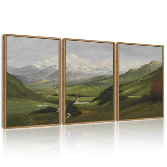 Drsoum Vintage Wall Art Mountain Range Valley River Landscape Painting Retro Meadow Scenery Farmhouse Kitchen Living Room Decor 11x14in3pcs Natural Framed