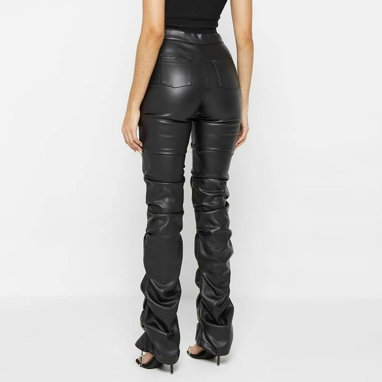 XFLWAM High Waist Stacked Pants for Women Faux Leather Ruffle