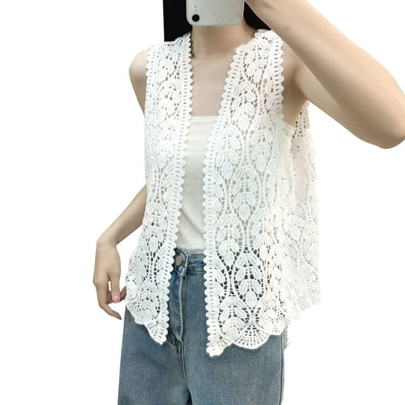 Dorkasm Womens Floral Crochet Lace Boho Trim Sleeveless Open Front Vest Cardigan White One Size
