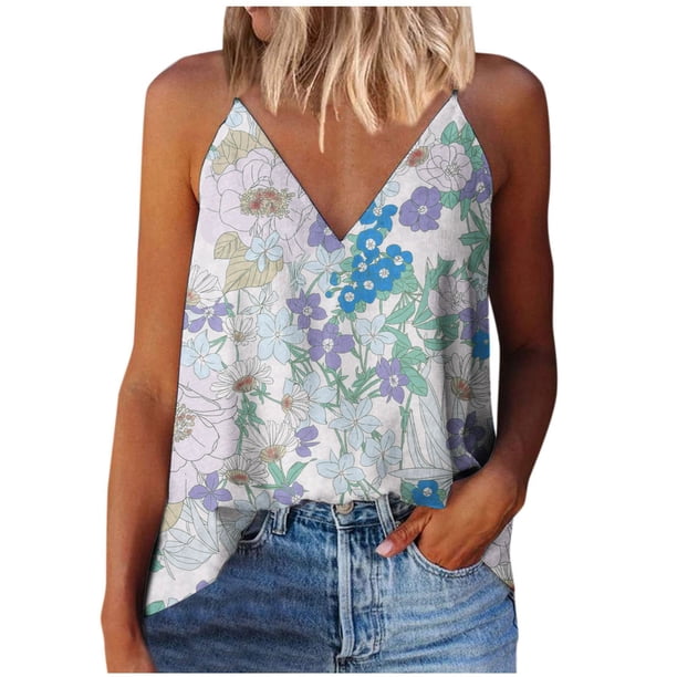 Gibobby Camiseta de tirantes con estampado de camisola para mujer, camiseta, blusa, camiseta sin mangas, cuello en V, tirantes finos(Morado,XG)