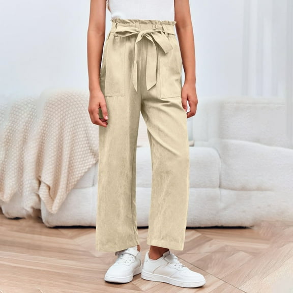 Bnwani Toddler Girl Pants Lace Up High Waist Pant Lightweight Pockets Casual Loose Long Trousers Size 4-13 Beige
