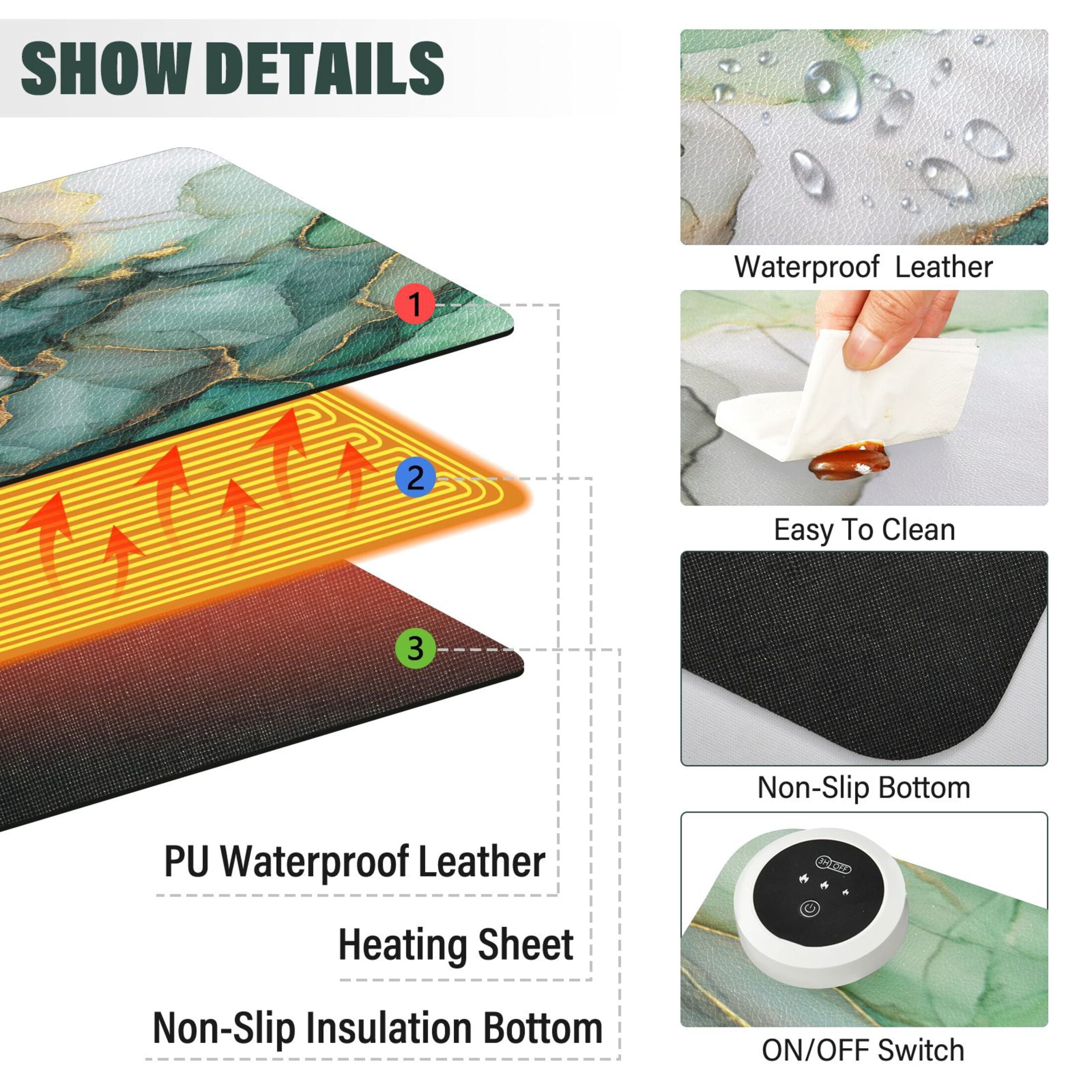 Large Heated Desk Mat Mouse Pad 31.5"x13"PU Leather Graphene Heating Desk Warmer with 3 Temperature Settings 110V US Plug Non-Slip Warm Pad for Home, Office, and Gaming Golden Green Marble Crack