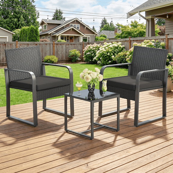 Aiho outdoor rocking chairs set of 3 with PE Wicker, All-Weather outdoor patio furniture set with Coffee Table and Soft cushions, For Garden, Backyard, Poolside, Balcony, Patio and Porch-Blue