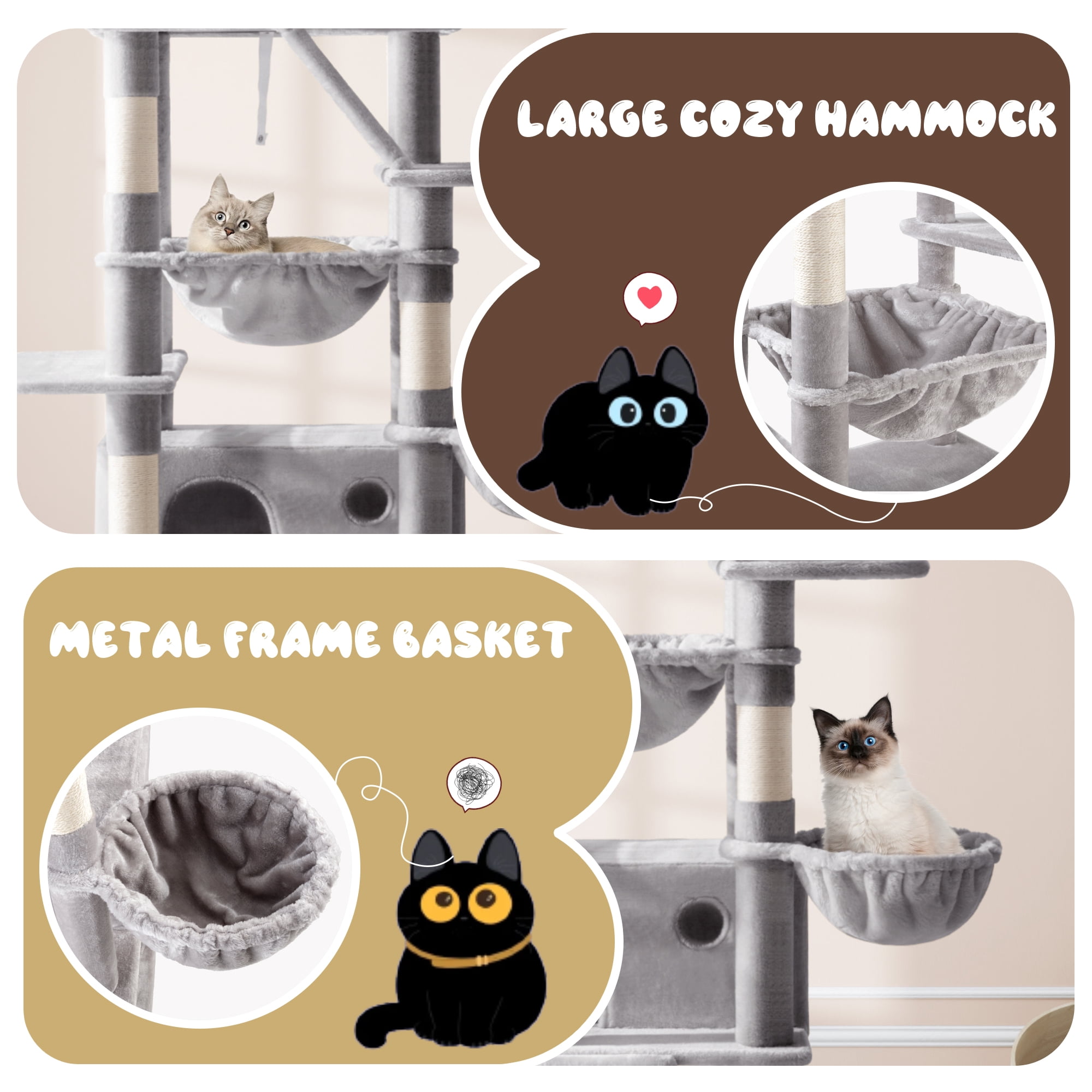 Amolife 81" Large Cat Tree Tower for Large Cats with Cat Condo Hammock, 2 Scratching Ramps, 6 Scratching Posts, Grey