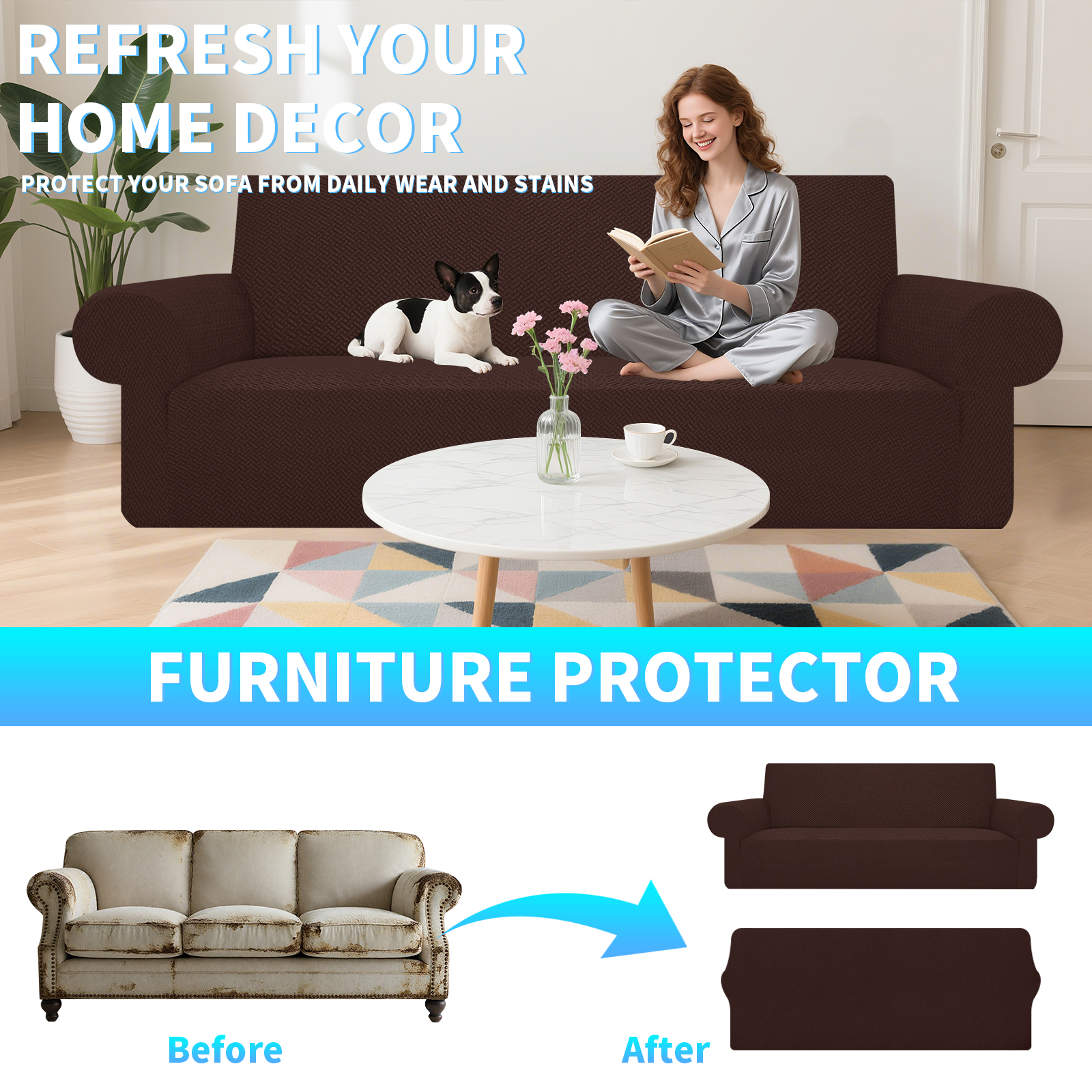 Stretch Sofa Cover Slipcover ，Couch Covers for 3 Cushion Couch Sofa pet Friendly (74.8"-90.6") Furniture Protector Sofa with Elastic Bottom for Kids,Dog, Jacquard Pattern, Brown
