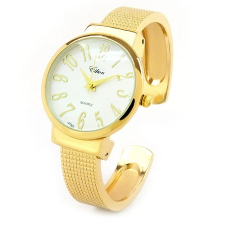 Classic Mesh Womens Watch - Gold Mesh Style Band Large Dial Easy to Read Women's Bangle Cuff Watch.