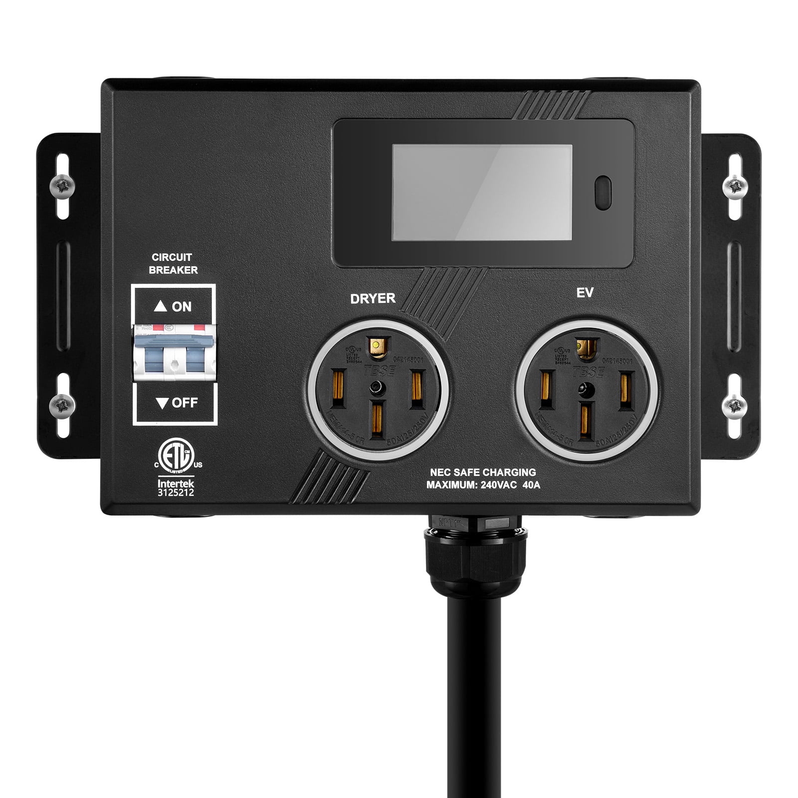 KFFKFF NEMA Distributor for Dryer and EV, Tri-Color LED Display, 240V Intelligent Power Allocation, Equipped with NEMA 14-50 Plug, Dual NEMA 14-50 Sockets, 3.4'' LCD Monitor