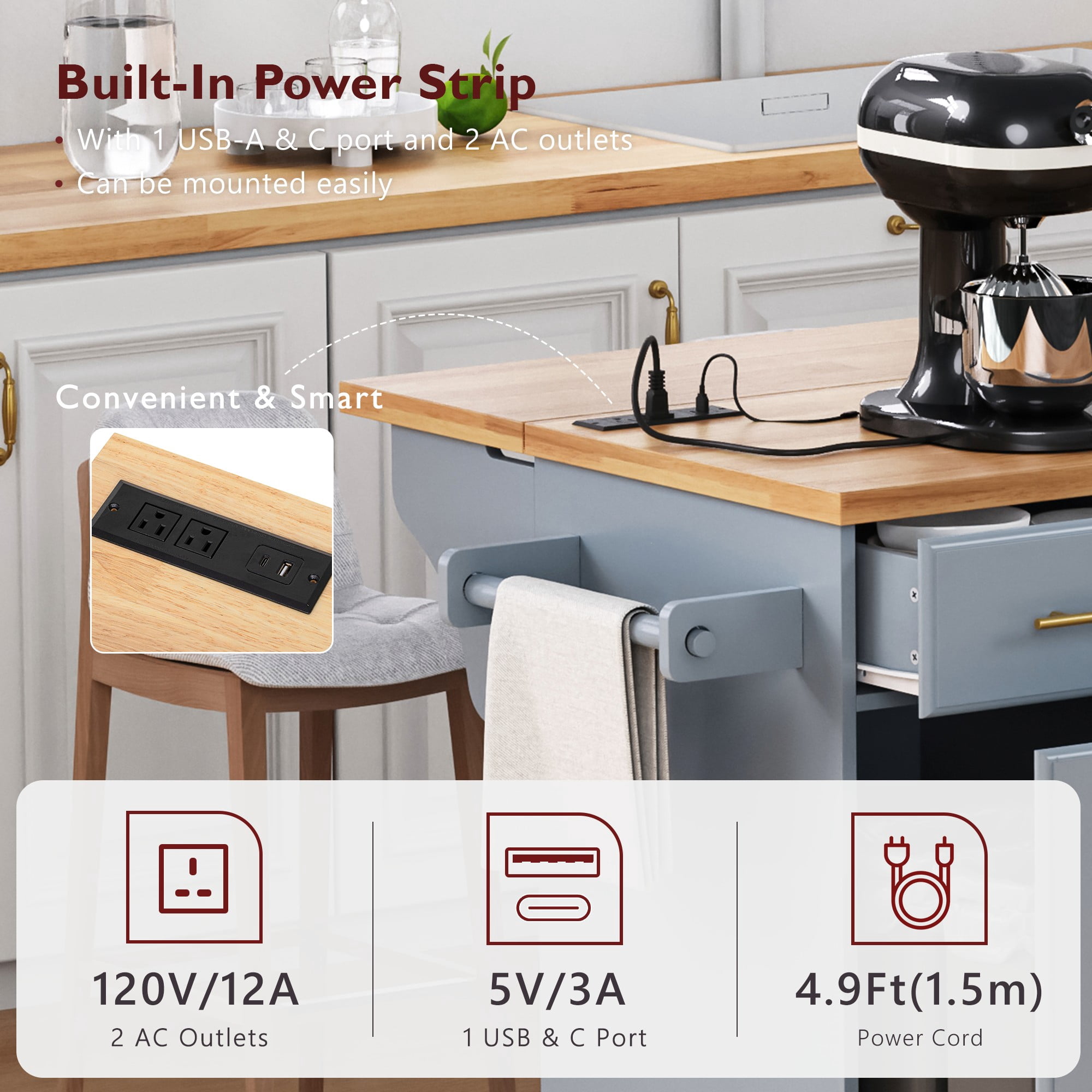 Aukfa 59" Kitchen Island with Power Outlet & Trash Cabinet, Rolling Kitchen Cart, Pull Out Organizers & Drop Leaf,Gray
