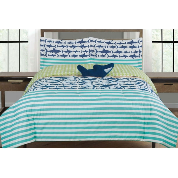 Blue full size comforters & sets. shark full size comforter bedding set kids stripes blue white and green