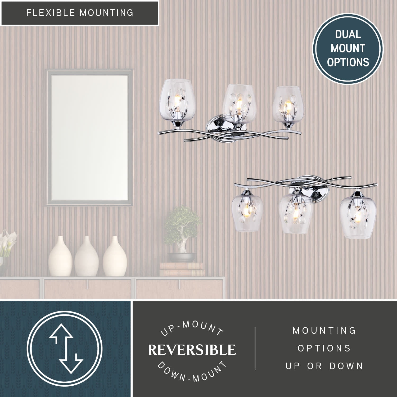 Wilmette 3-Light 24 in. Wide Chrome Modern Glam Bathroom Vanity Lighting Fixture, Clear Goblet Glass Shade with Crystal Accents, Dimmable, LED Compatible, Over the Mirror Mounted Metal Wall Sconce