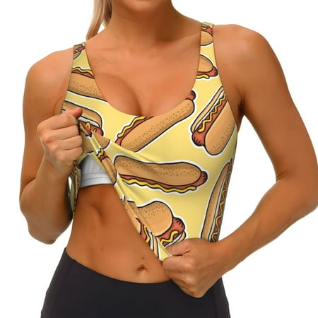 Qokaie Hot Dogs Pattern Womens Scoop Neck Sports Bra Breathable Workout Vest Padded U Back Medium Impact Fitness Gym Yoga Bra Workout Crop Top