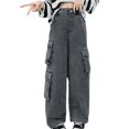 thumbnail image 2 of CPNG Girls Baggy Cargo Jeans Y2K Kids Straight Wide Leg Loose Casual Cargo Denim Trousers with Multi-Pocket(Dark Gray,13-14 Years), 2 of 9