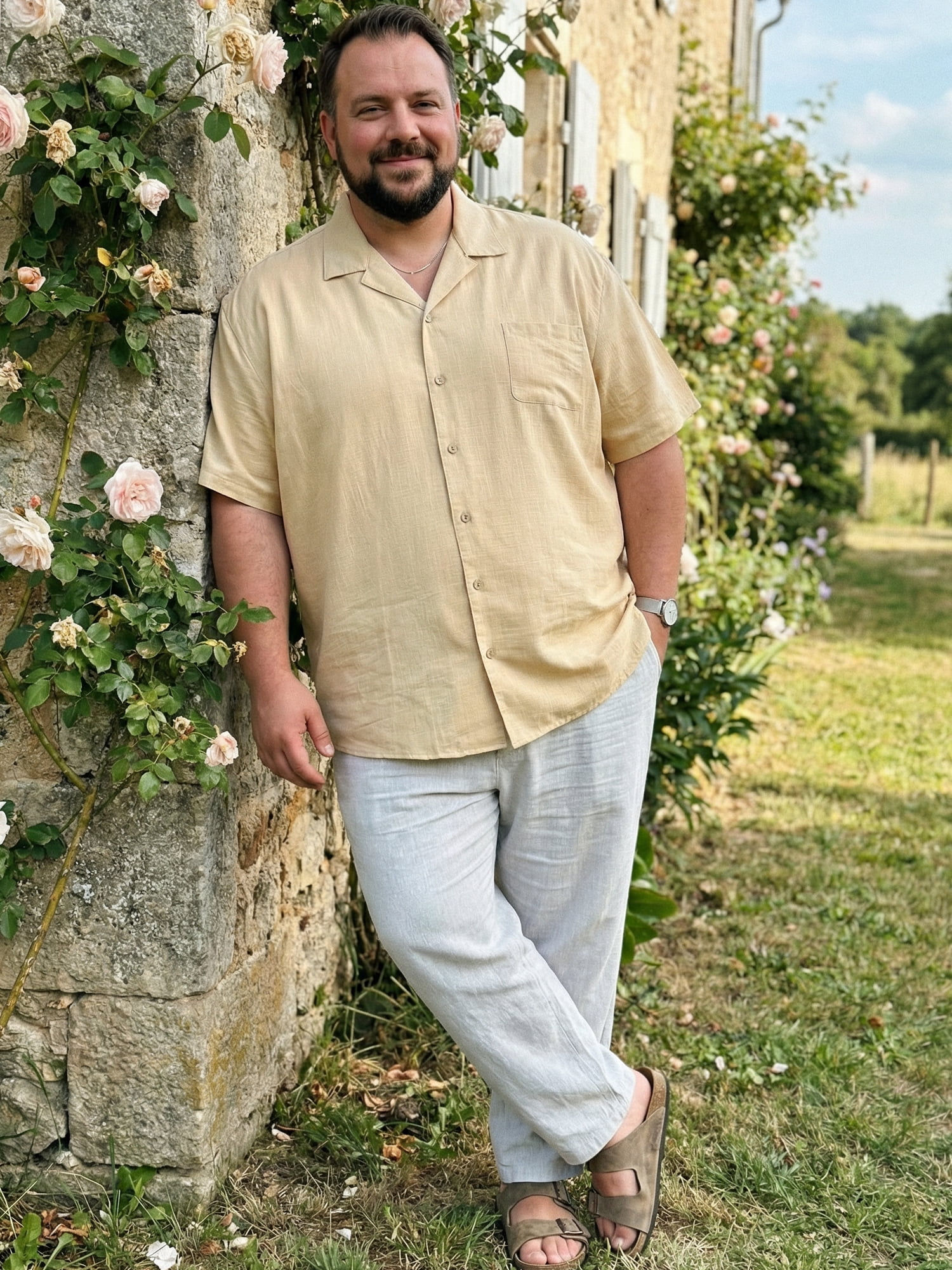 DARING DIVA Men's Big & Tall Summer Beach Camp Collar Short Sleeve Shirt 2XL Beige