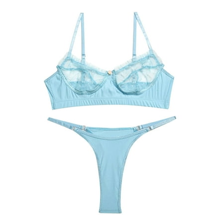 Blue X-Large Set Women Bra Lingerie Womens Lace Underwear Set Belt Nightwear Lace Bra Set Push Underwear Garter Up