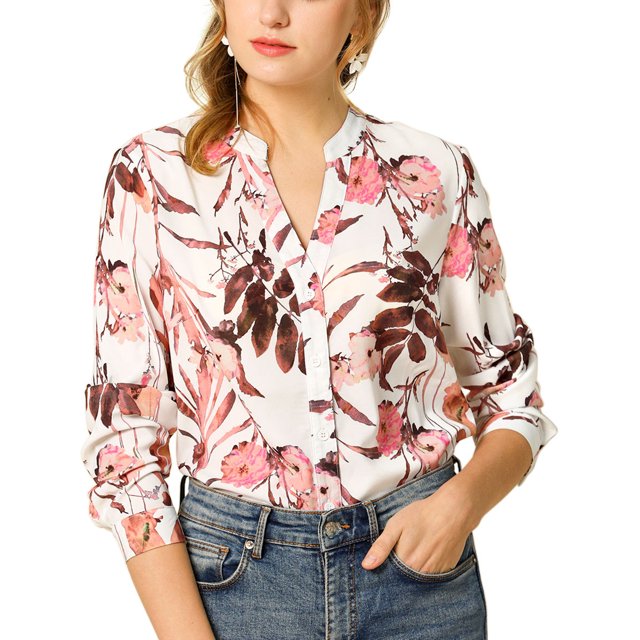 INSPIRE CHIC Blouse à Fleurs pour Femme à Boutons, Col en V, Manches Longues, G Blanc
