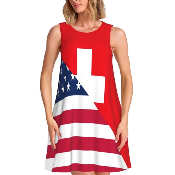Balery USA Switzerland Vestidos de verano para mujer con estampado: vestido holgado sin mangas, vestido playero informal y cómodo para días calurosos.