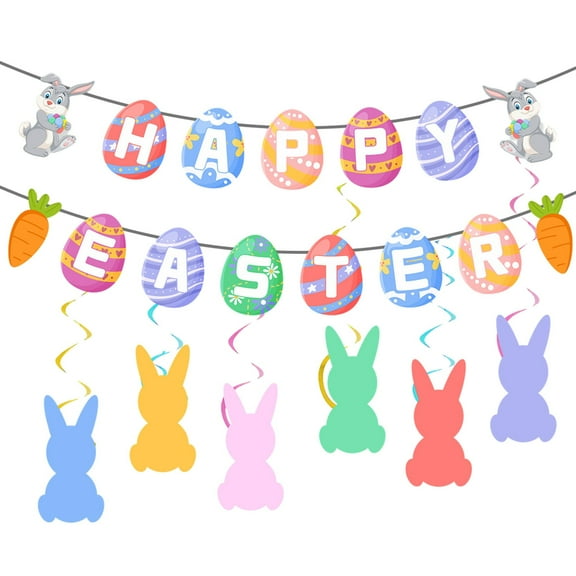 Happy Easter Banner Colorful Easter Bunting Banner Garland with Bunny Easter Eggs Chick Carrot Signs Spring Easter Party Decorations for Mantle Fireplace(A)