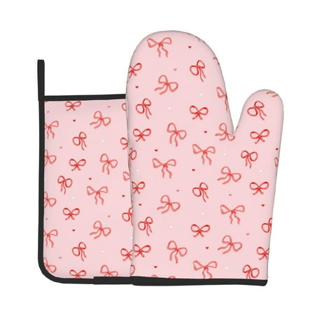 

KLL Pink Bows1 Pattern Oven Mitts and Pot Holders 2pcs Sets for Kitchen Oven Mitt Heat Resistant 536°F Oven Gloves for Kitchen Cooking and Baking