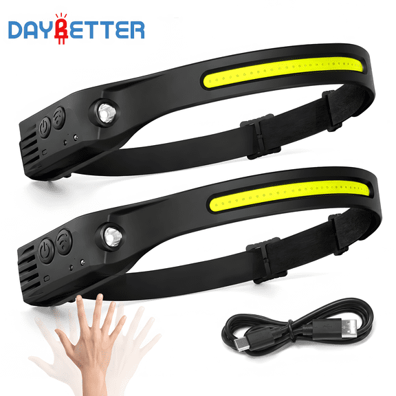 DAYBETTER Headlamp Rechargeable 2 Pack, 5 Modes Head Light with Motion Sensor, 800mAh White Light Adjustable Headligh for Camping, Hiking, Fishing, Running