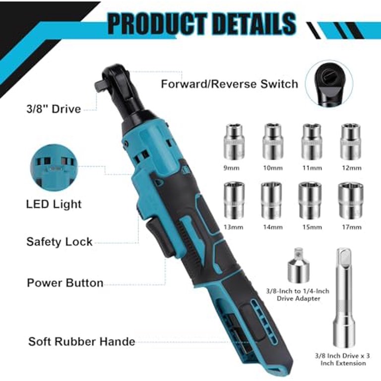 3/8" Cordless Extended Ratchet Wrench For Makita 18V Battery - Variable Speed, 6" Long Neck