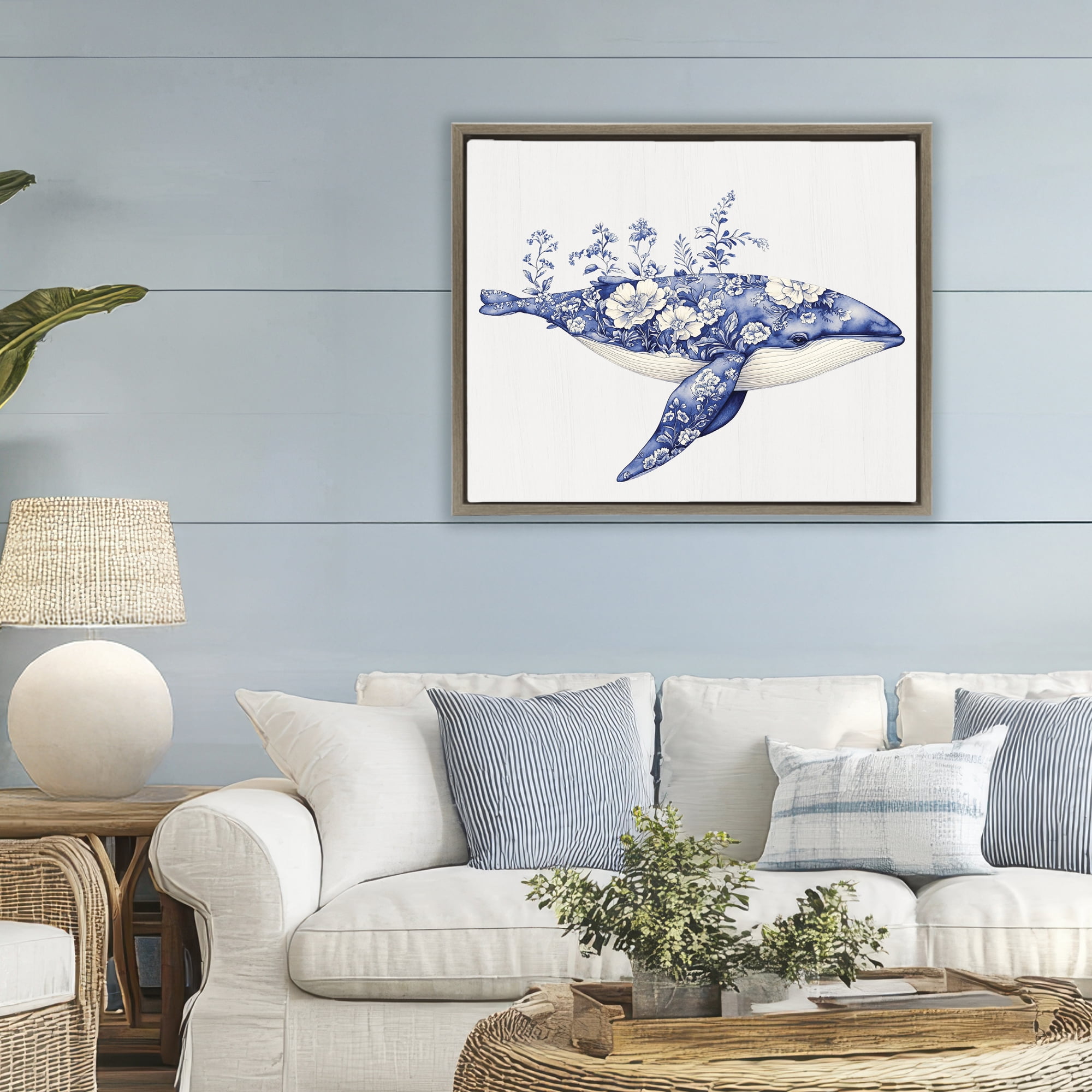 Blooming Toile Whale Brown Framed Floater Canvas Wall Art, design by Lettered and Lined