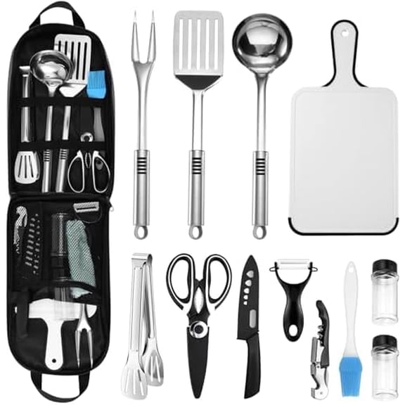 14pcs Camping Cooking Utensils Set, Stainless Steel Outdoor Kitchen Cookware Kit, Portable Storage Bag for Knife, Fork, Spoon, Chopping Board, Chef's Knife, Camping, Grilling, Picnic and BBQ