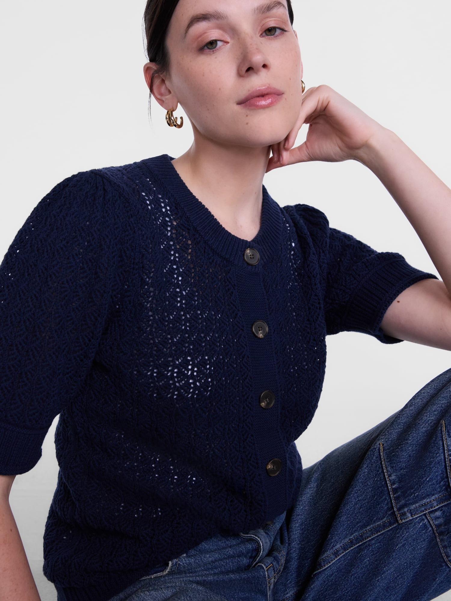 Scenario Women's and Women's Plus Crewneck Cardigan with Short Sleeves, Lightweight, Sizes XS-4X