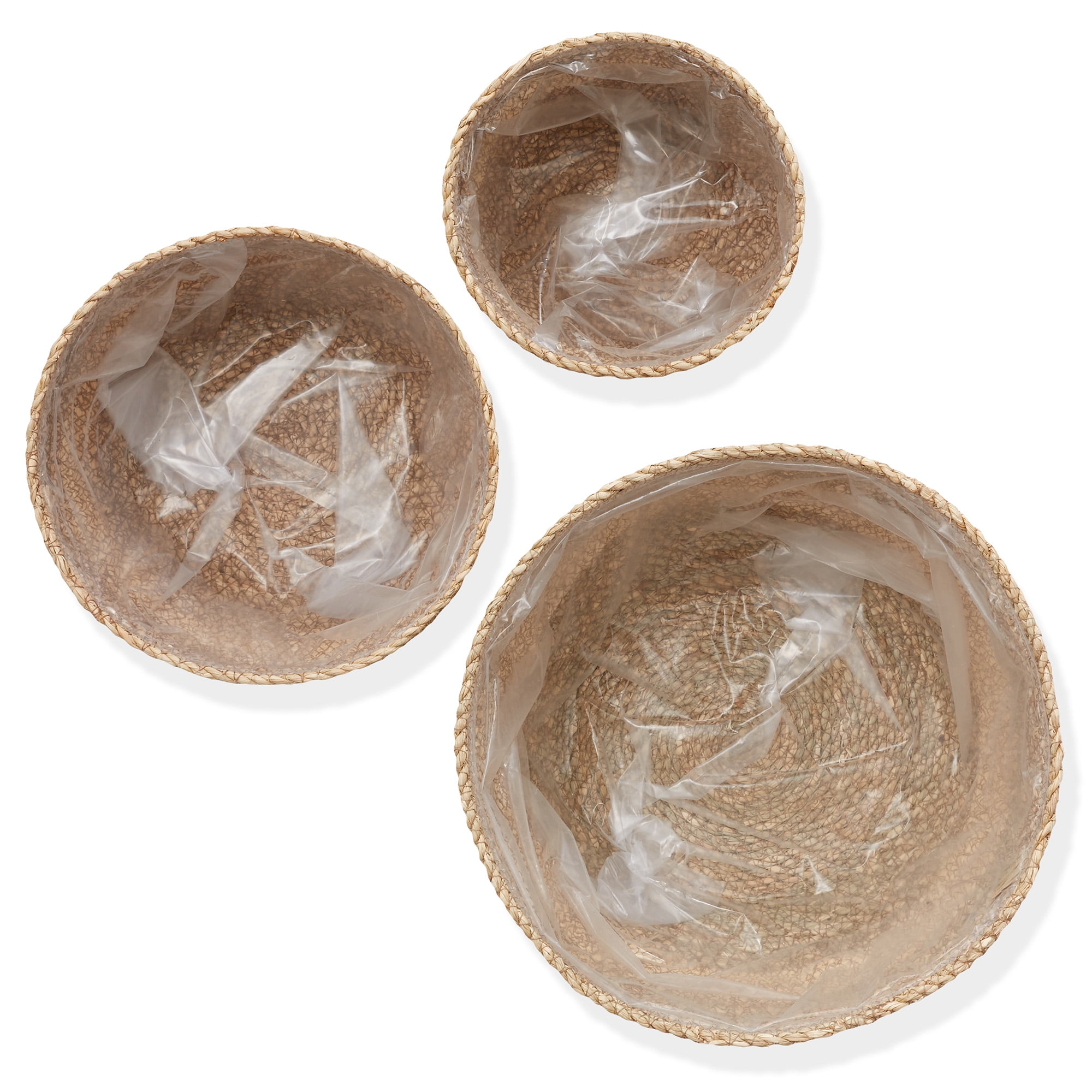 Casafield Set of 3 Seagrass Planter Baskets - Two-Tone, Hand Woven Indoor Flower Pot Covers with Liners for Plants, Succulents, Home Decor