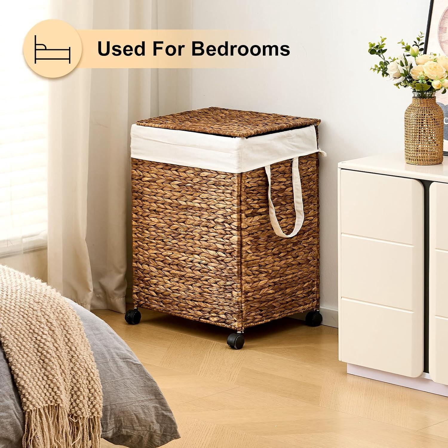 Rolling Natural Water Hyacinth Laundry Hamper with Removable Liner, 100L Capacity, Espresso